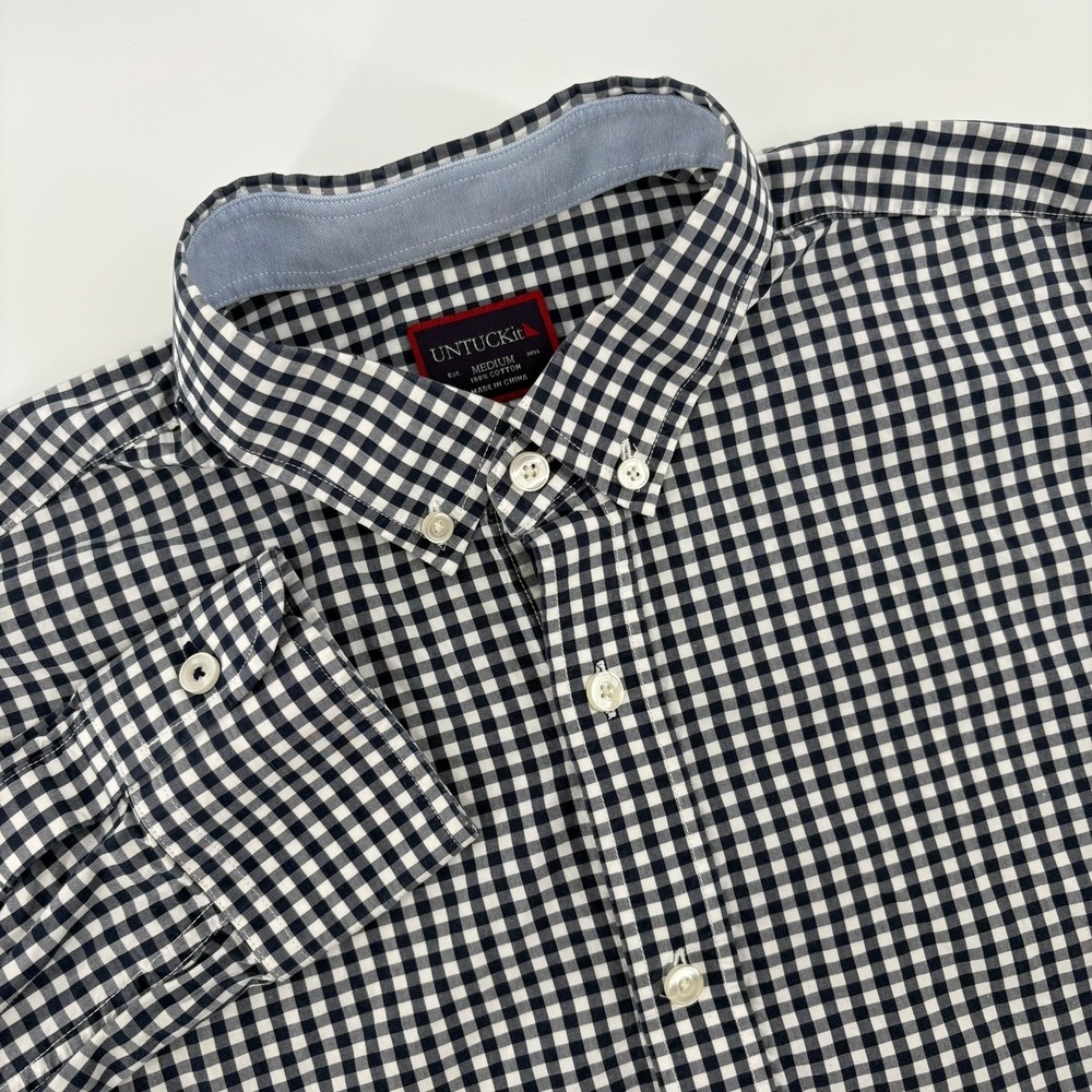UNTUCKit Mens Med Navy White Gingham Check Cotton Button Down Shirt Long Sleeve